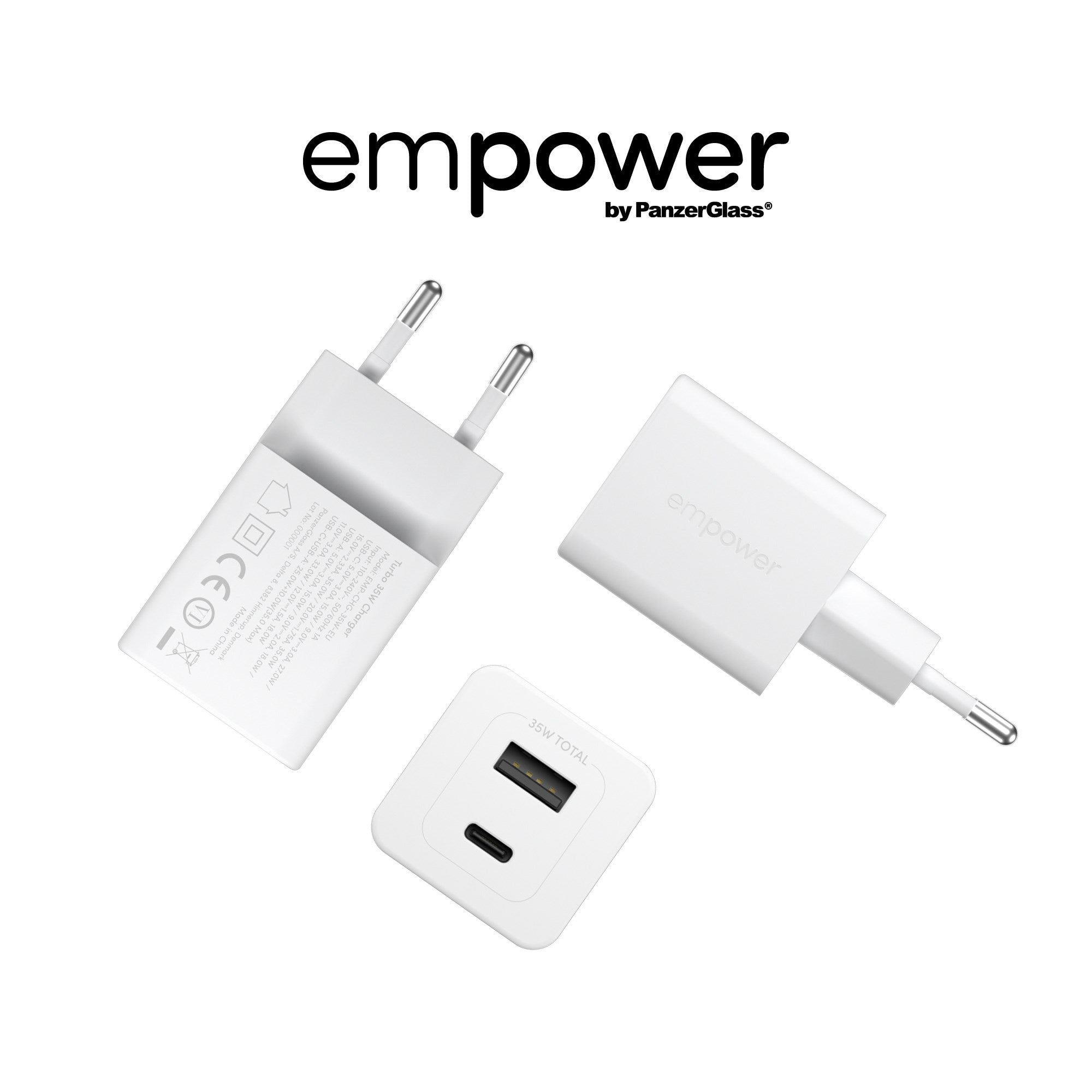 empower™ by PanzerGlass® Turbo 35W Ladegarät inkl. USB-C + USB-A | EU Anschluss | Silber Weiss